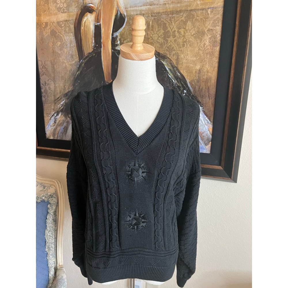 Le Coq Sportif Black Cable Knit V-Neck Sweater L